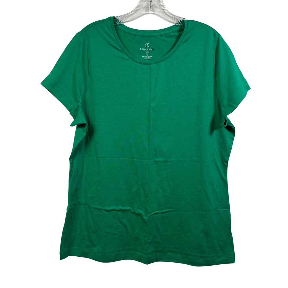 Lands End Womens XL 18 Green Fitted Short Sleeve Crew Neck Cotton Blend Tee